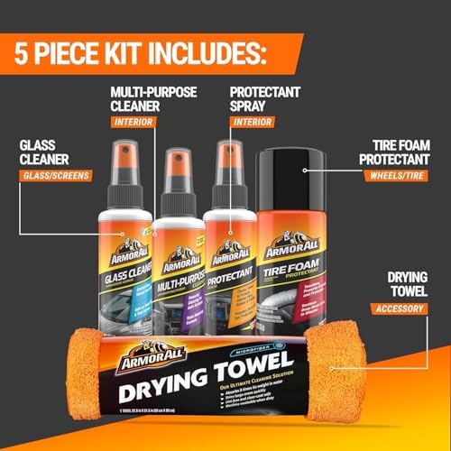 Armor All Car Wash and Car Interior Cleaner Kit, Includes Towel, Tire Foam, Glass Spray, Protectant Spray and Cleaning Spray, Multicolor, 5 Count (Pack of 1) - Image 3